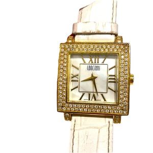 Lanciani Stainless Steel watch with white leather band. GUC